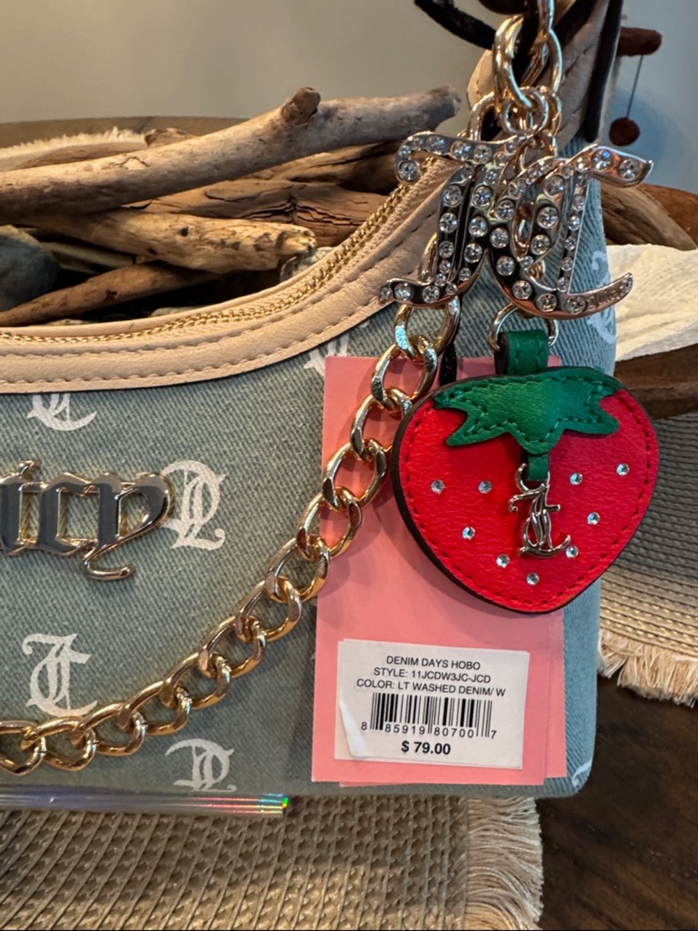 Juicy Couture Light Blue Denim Logo Shoulder Bag with Pink Strawberry Charm - Picture 2 of 5